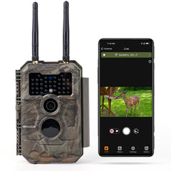 GardePro E6+ trail camera outdoors demonstrates long-range Wi-Fi for remote monitoring.