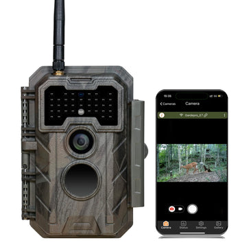 GardePro E7 wifi-setup image showing easy, cable-free installation for wildlife monitoring