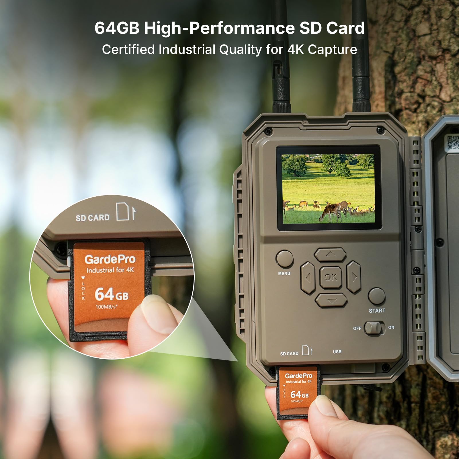 GardePro E8 2.0 Pro includes a 64GB industrial-grade SD card.