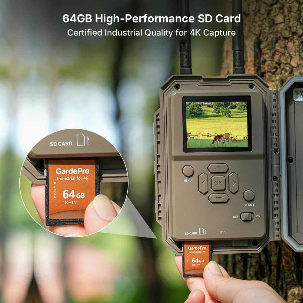 GardePro E8 2.0 Pro includes a 64GB industrial-grade SD card.