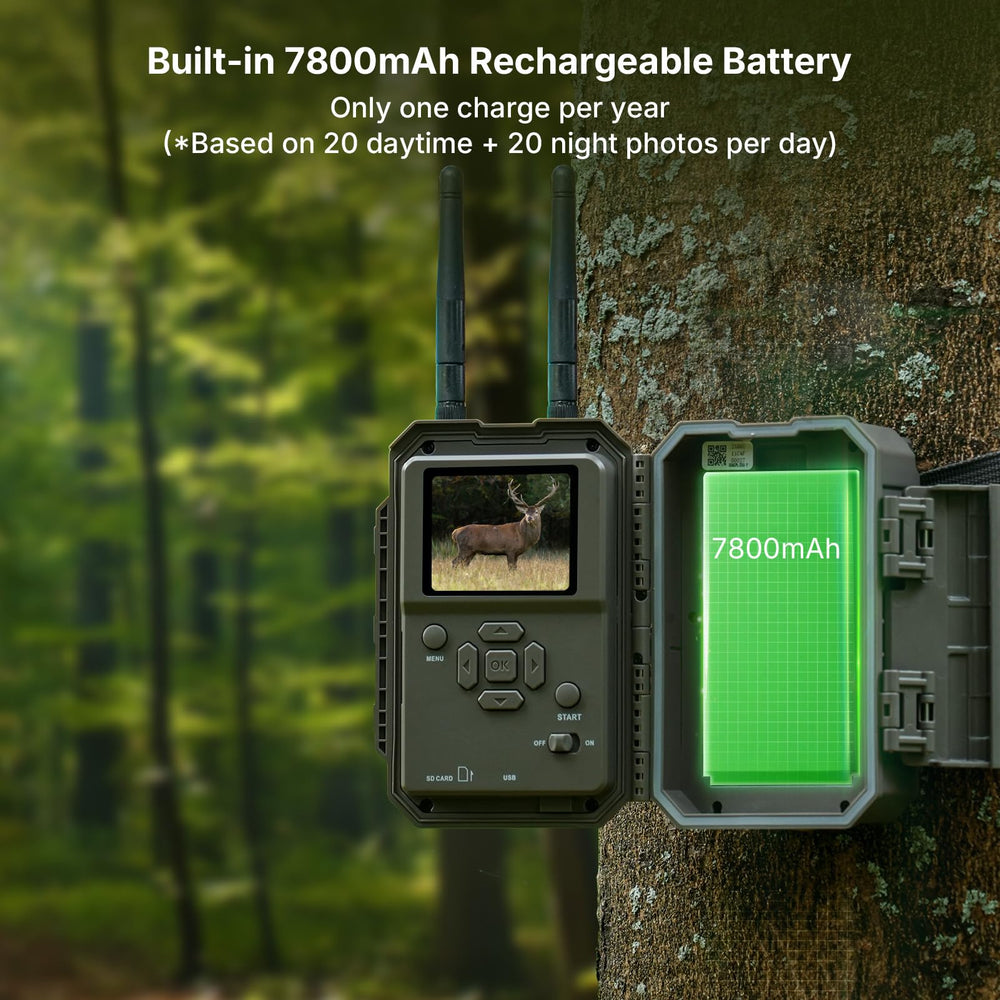 GardePro E8 2.0 Pro 7800mAh battery powers prolonged outdoor use.