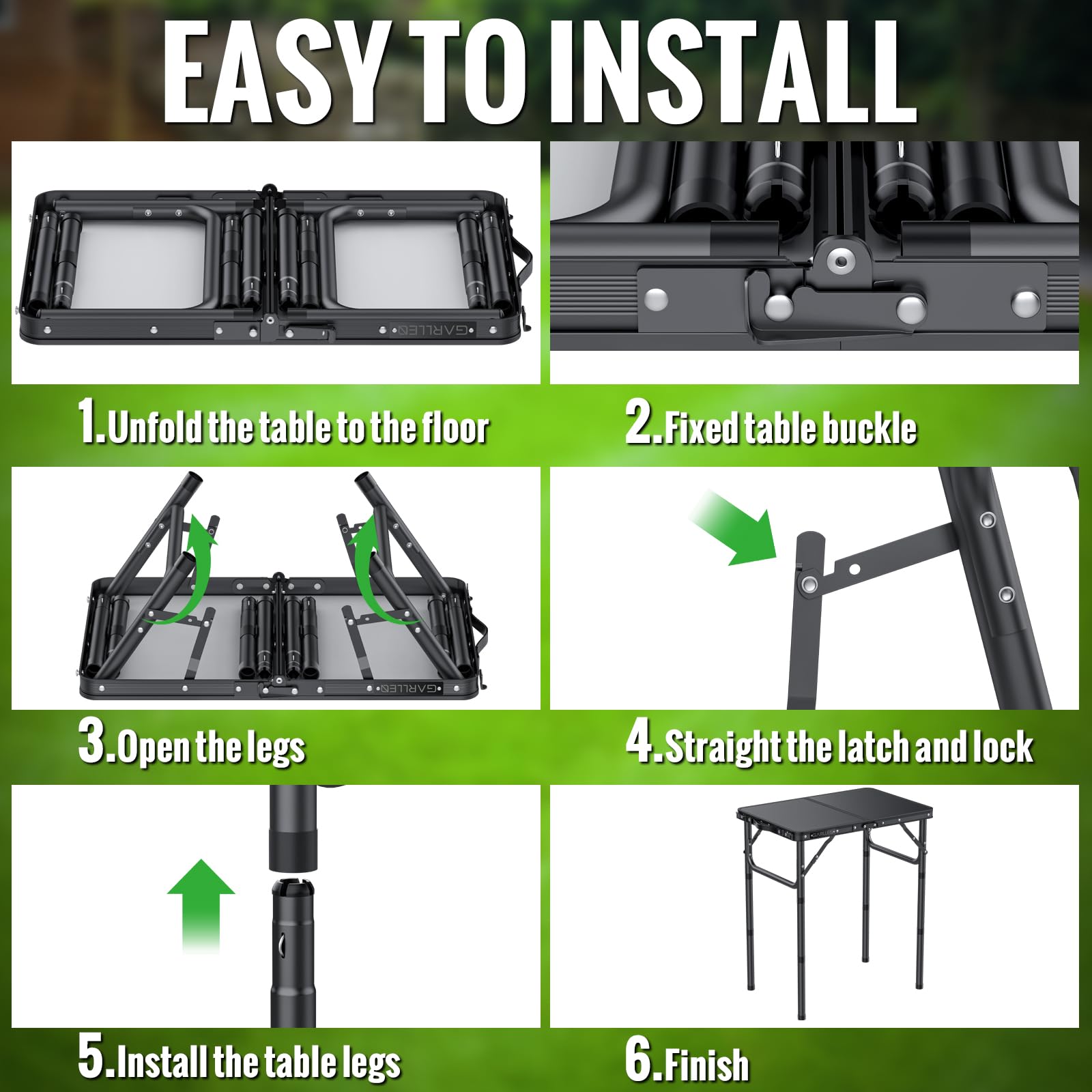 GARLLEN folding table camping-outdoor-dining demonstrates stable surface for meals on the go.