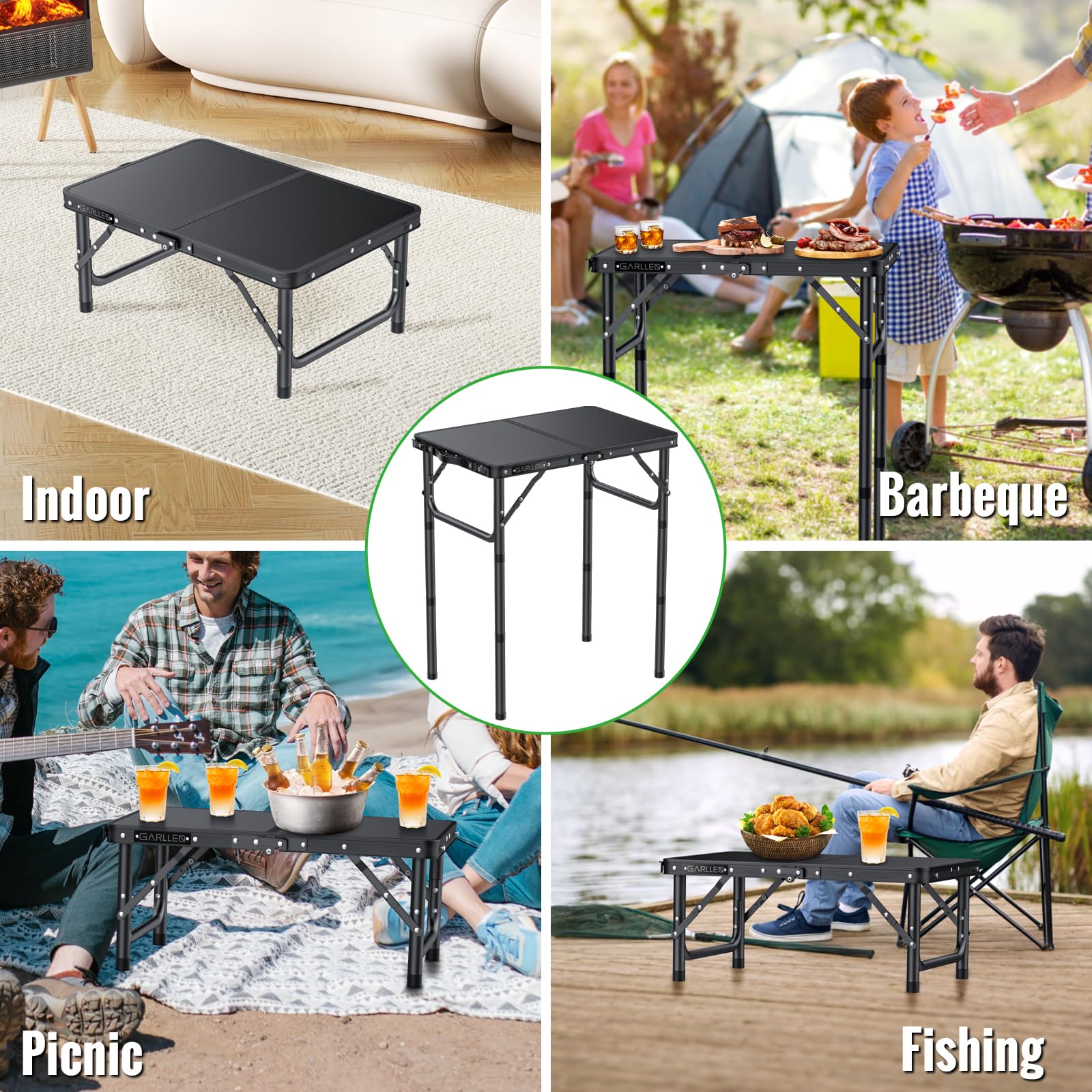GARLLEN folding table high-height-adjustment shows three heights for flexible seating.