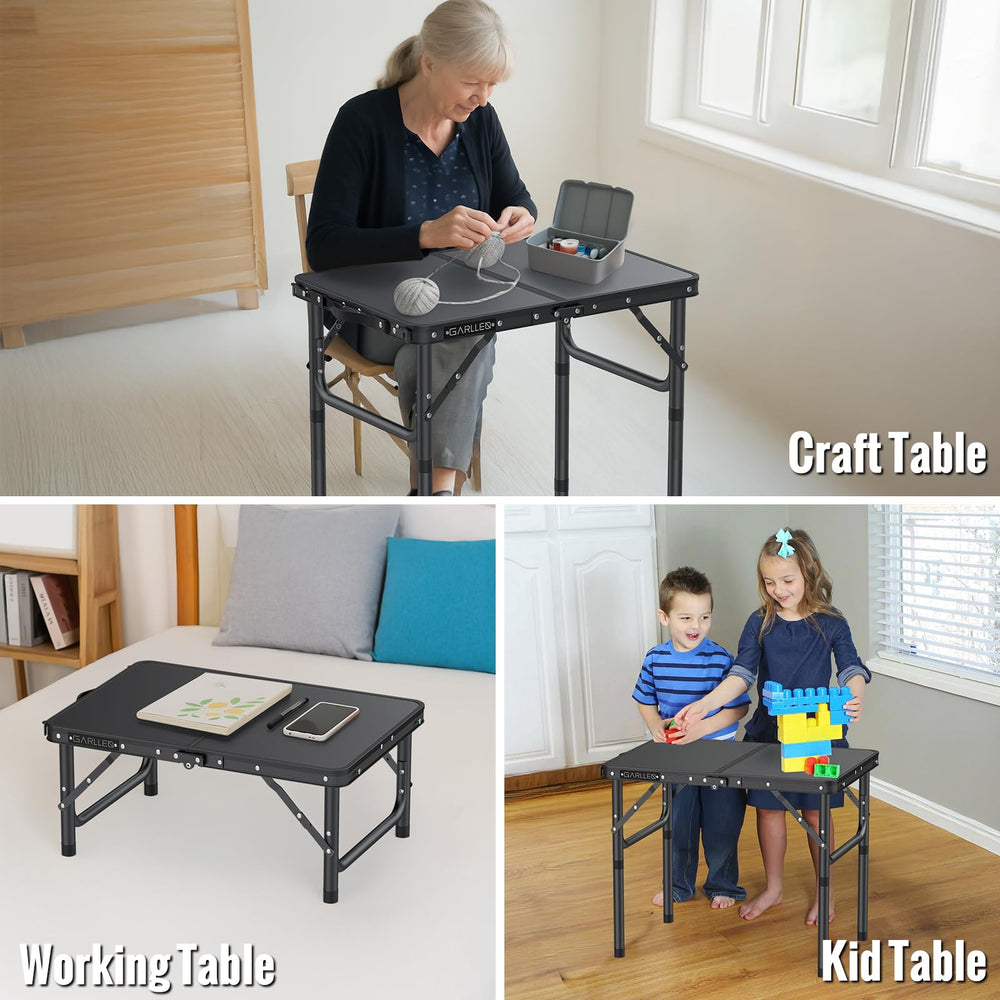 GARLLEN folding table low-height-use shows lawn seating at a comfortable low setting.
