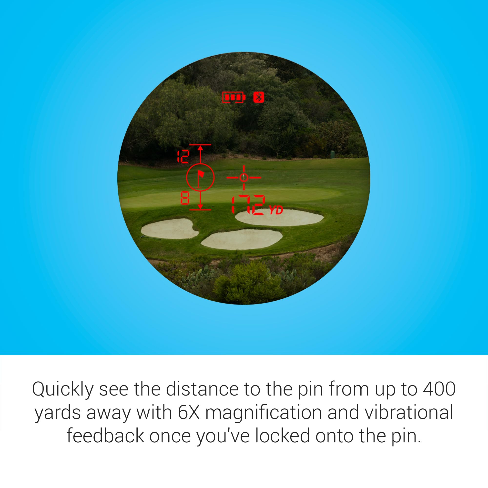 Garmin Approach Z30 displays front and back of green distance through viewfinder