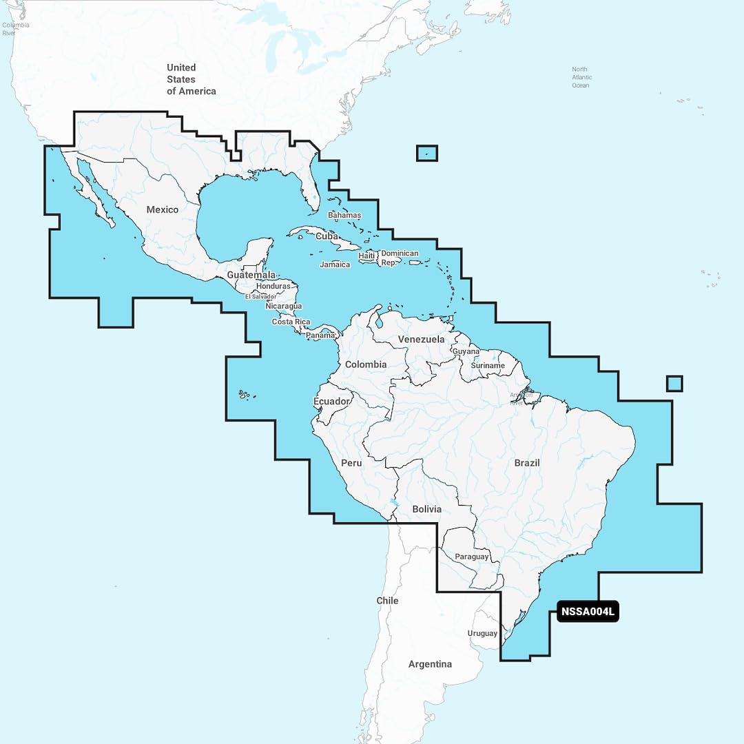 Garmin Navionics NSSA004L map view with coastal depth contours for navigation planning.
