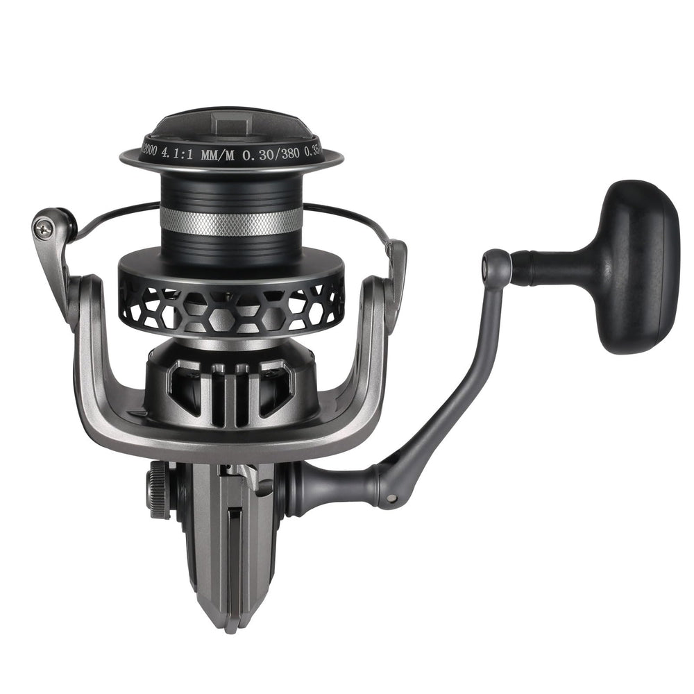 GARRET spinning reel drag 55lb image conveys strong power during heavy fish pulls.