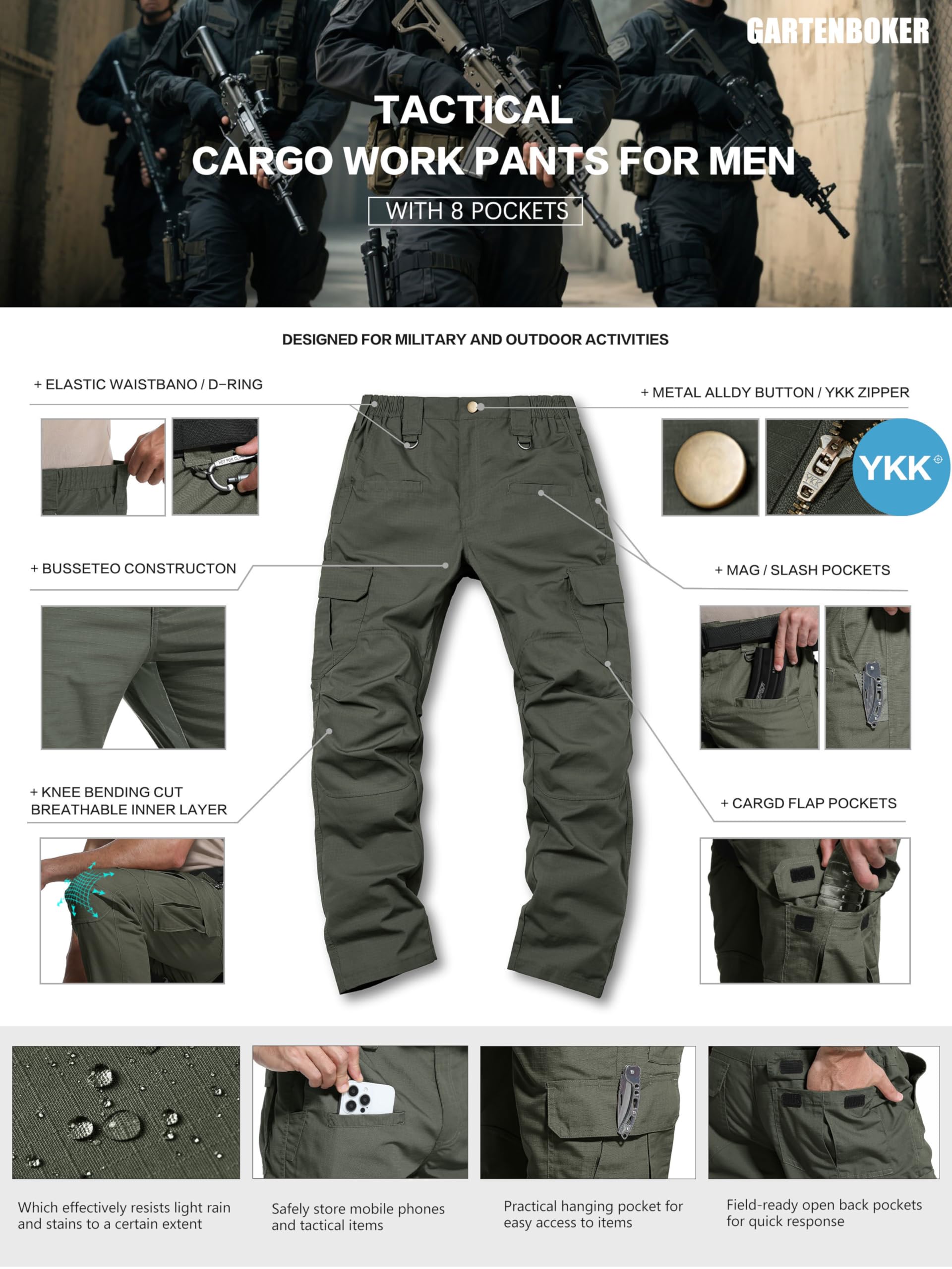 GARTENBOKER men's tactical pants ideal for hiking and camping tasks.