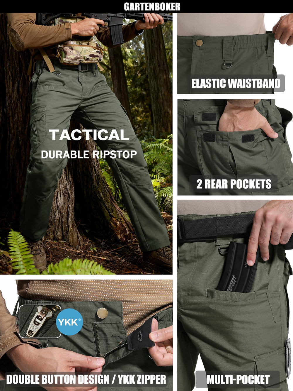 GARTENBOKER army green color emphasizes rugged outdoor style.