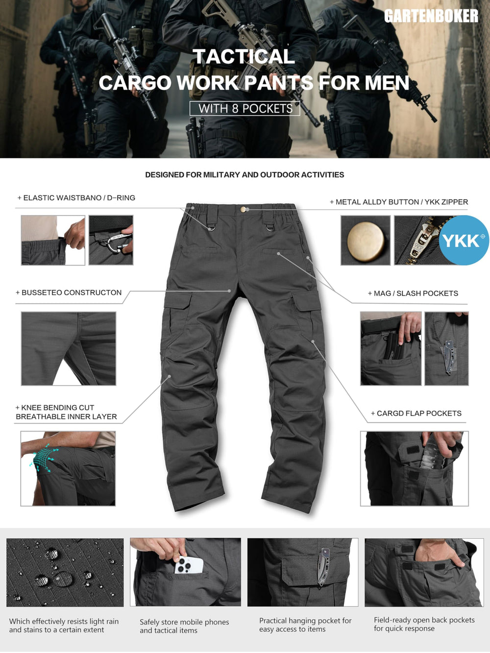 GARTENBOKER cargo pants ideal for tactical, hiking, and camping.