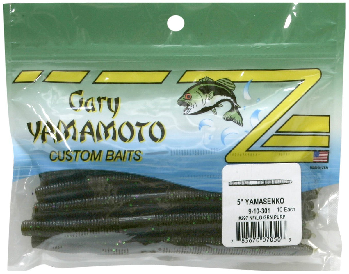 Gary Yamamoto Senko 5 inch green pumpkin with green purple flake for versatile bass fishing
