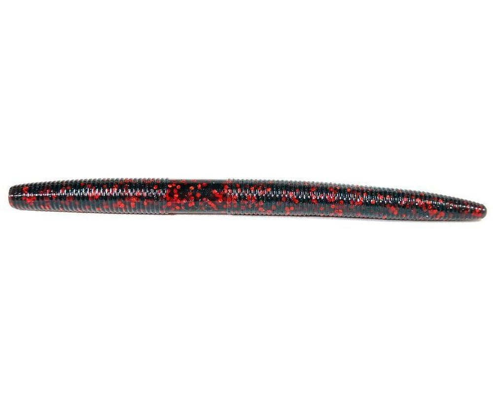 Gary Yamamoto Senko Worm 5 inch in Motor Oil with Large Red Flake showing salt-impregnated fall