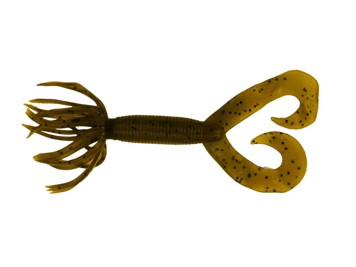 Gary Yamamoto 5in skirted twin tail hula grub in Green Pumpkin with Black Flake may attract bass