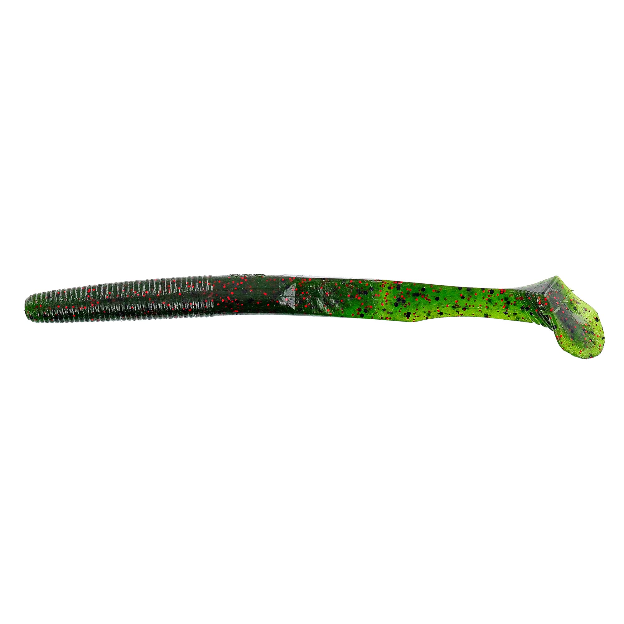 Gary Yamamoto Swimming Senko 5-inch watermelon paddle tail lure with black and red flakes for versatile rigs.