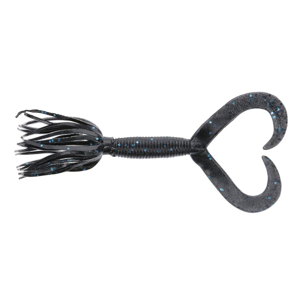 Gary Yamamoto 4-inch Double Tail Hula Grub, black with blue flake, ideal for rocky structure bass fishing.