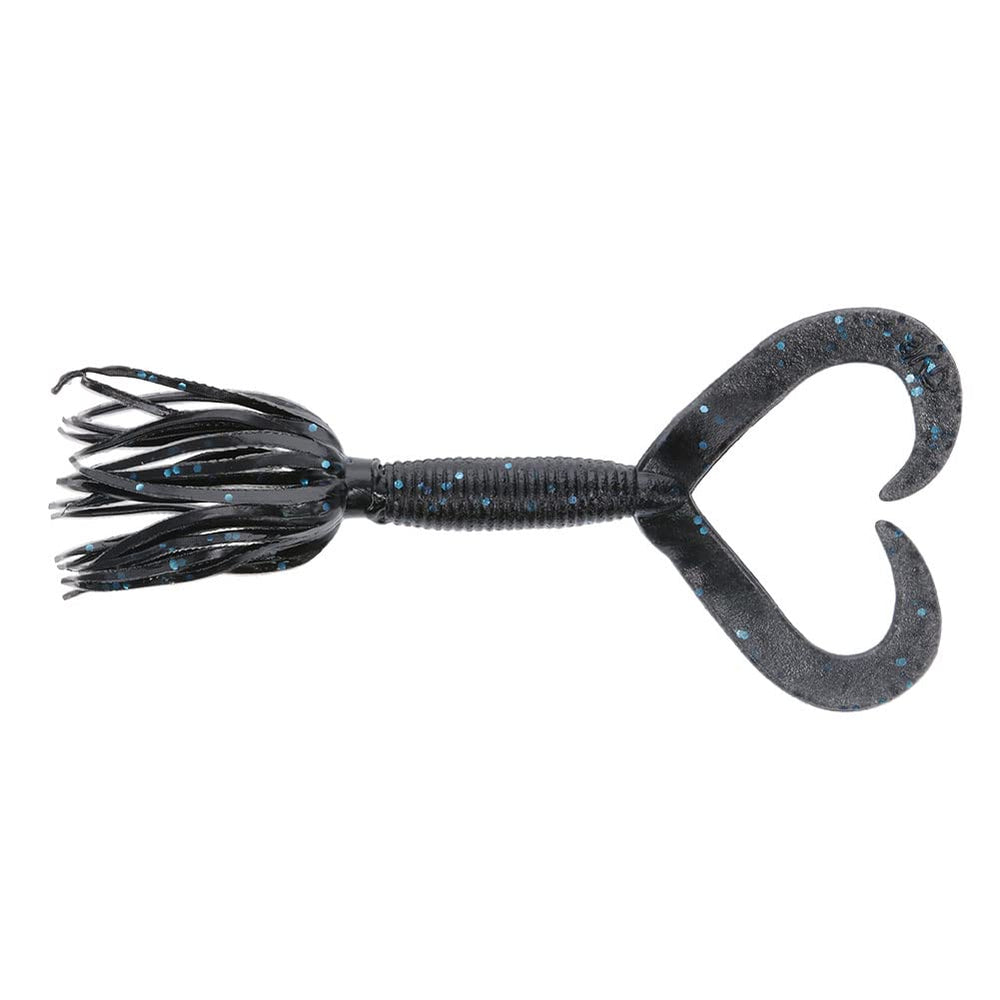 Gary Yamamoto 4-inch Double Tail Hula Grub, black with blue flake, ideal for rocky structure bass fishing.