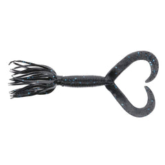 Gary Yamamoto 4-inch Double Tail Hula Grub, black with blue flake, ideal for rocky structure bass fishing.