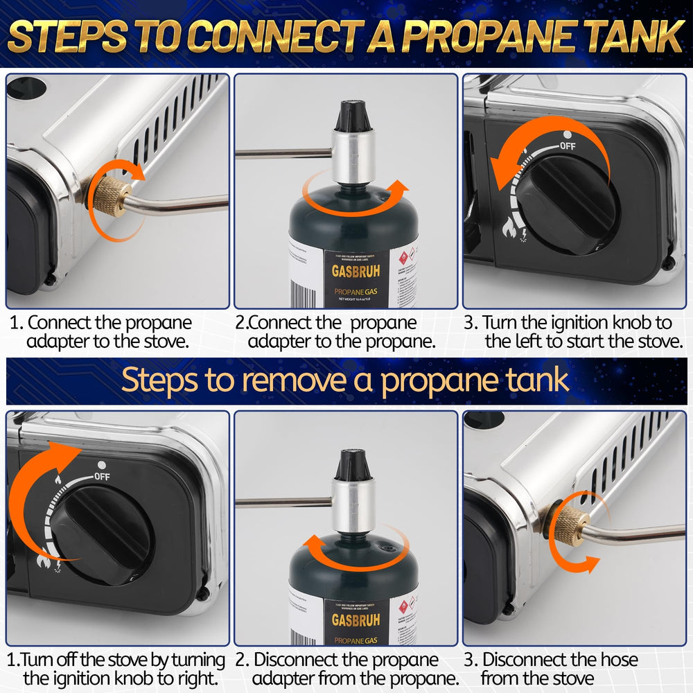 GasBRUH stove compatible with 1lb propane or 8oz butane canisters for versatility.