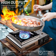 GasBRUH dual fuel stove with regulator supports propane and butane for flexibility.