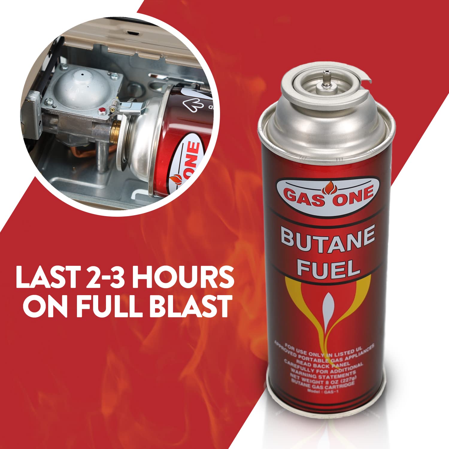 Gas One burn-time illustration showing hours of use on camp stoves.