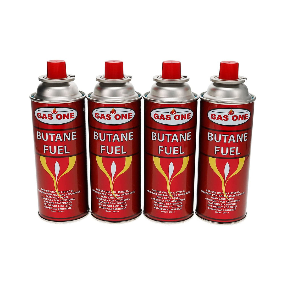 Gas One 4-pack butane canisters ready for camp stove use.