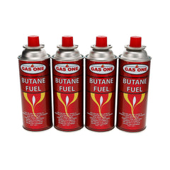 Gas One 4-pack butane canisters ready for camp stove use.