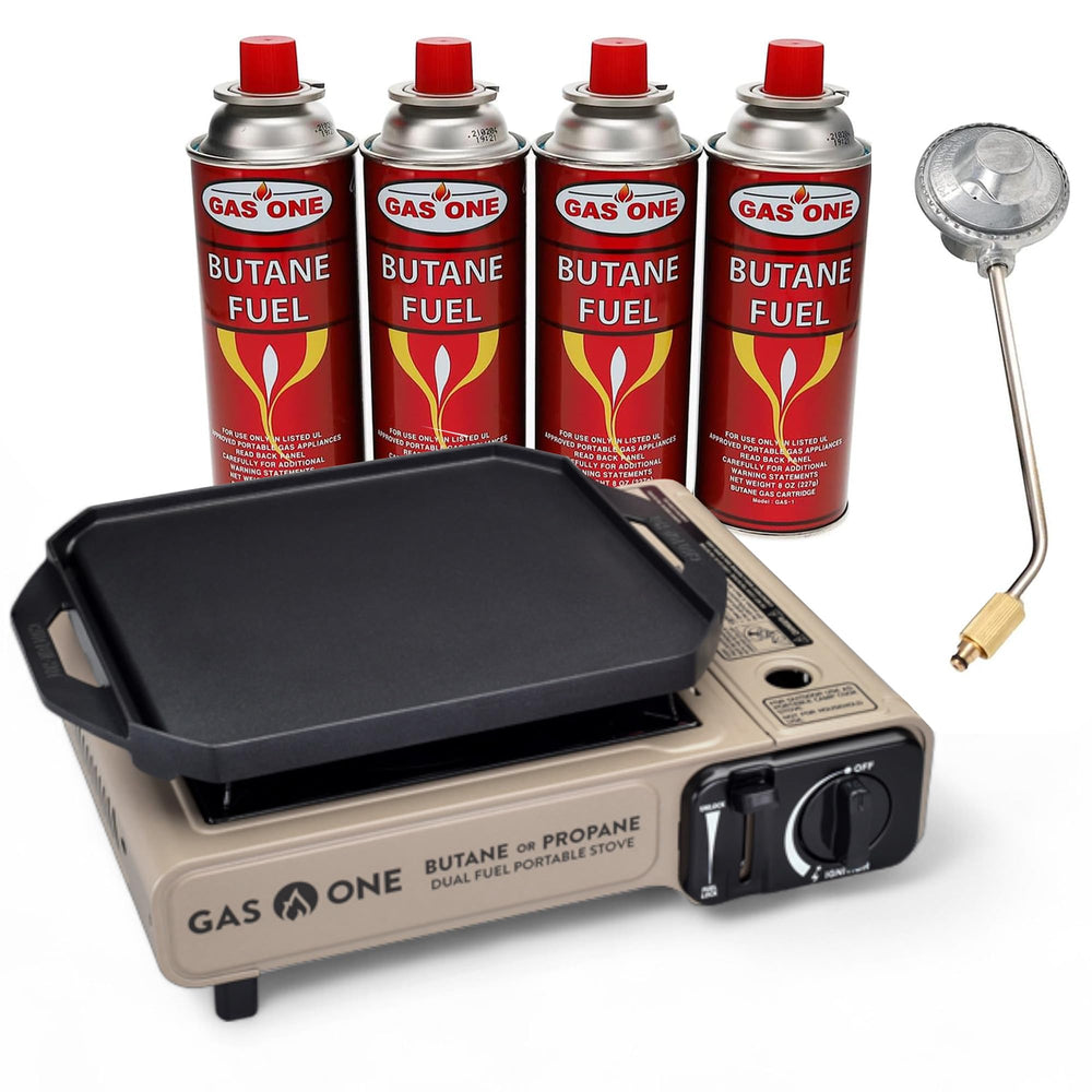 GasOne GS-3400P-KIT stove and griddle for camping and home cooking.