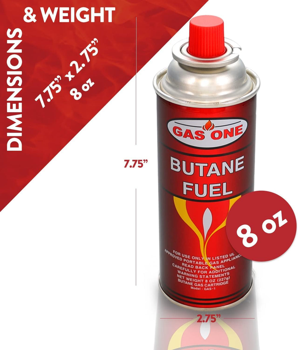 Gas One 8oz canister highlighting universal compatibility with stoves and torches.