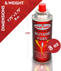 Gas One 8oz canister highlighting universal compatibility with stoves and torches.