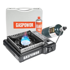 GASPOWOR dual-fuel stove with carrying case for easy outdoor transport.