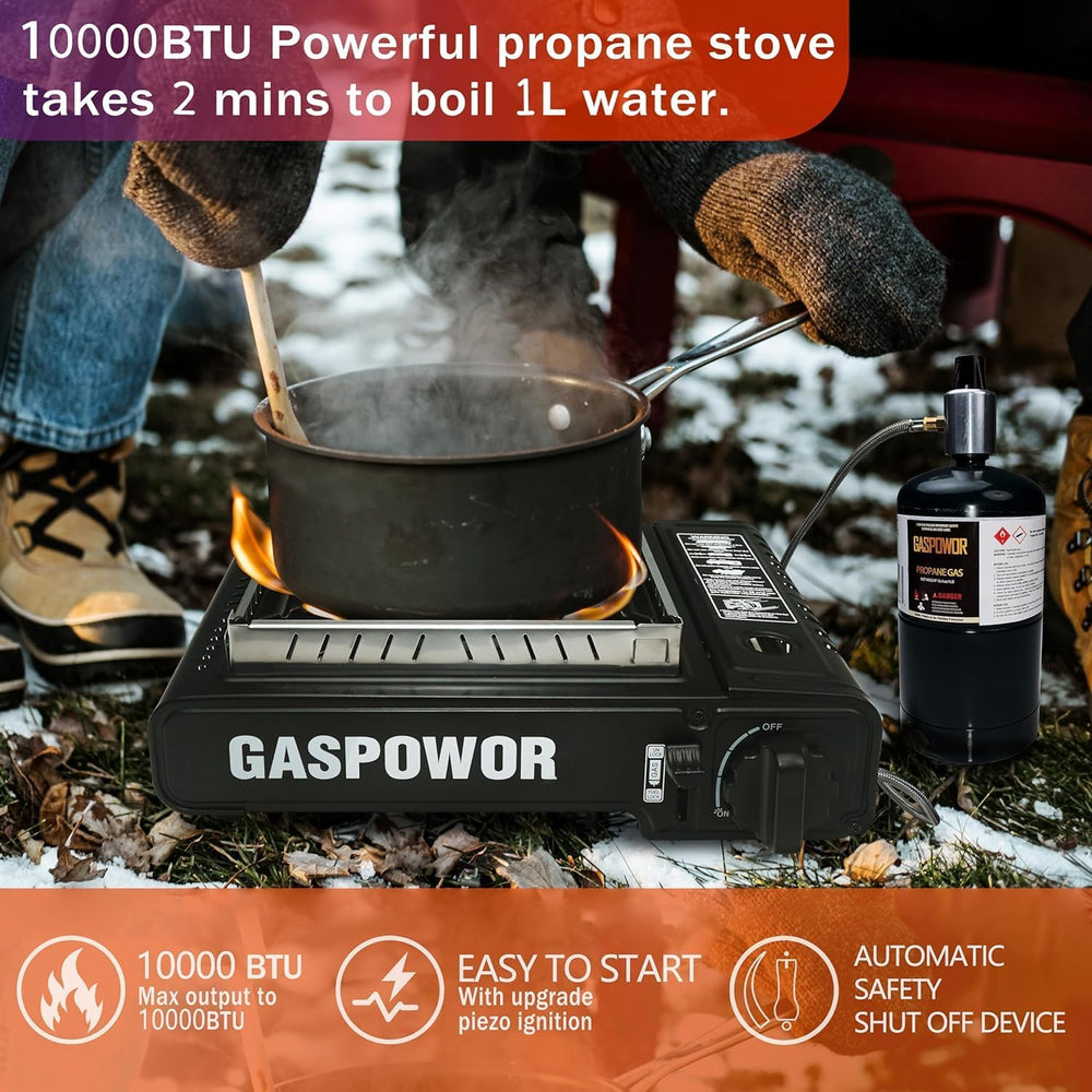GASPOWOR dual fuel stove setup highlighting propane and butane compatibility