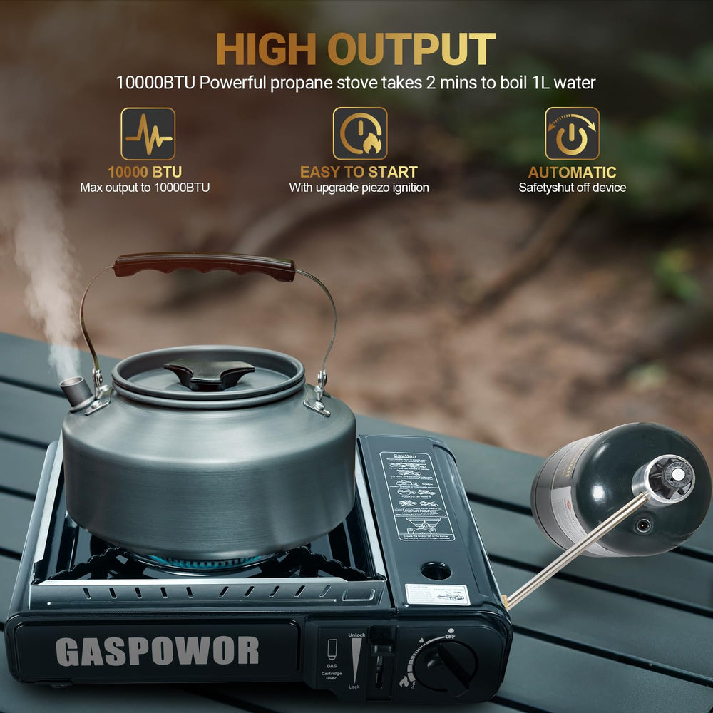 GASPOWOR dual-fuel stove windblocker shields flame for stable cooking outdoors.