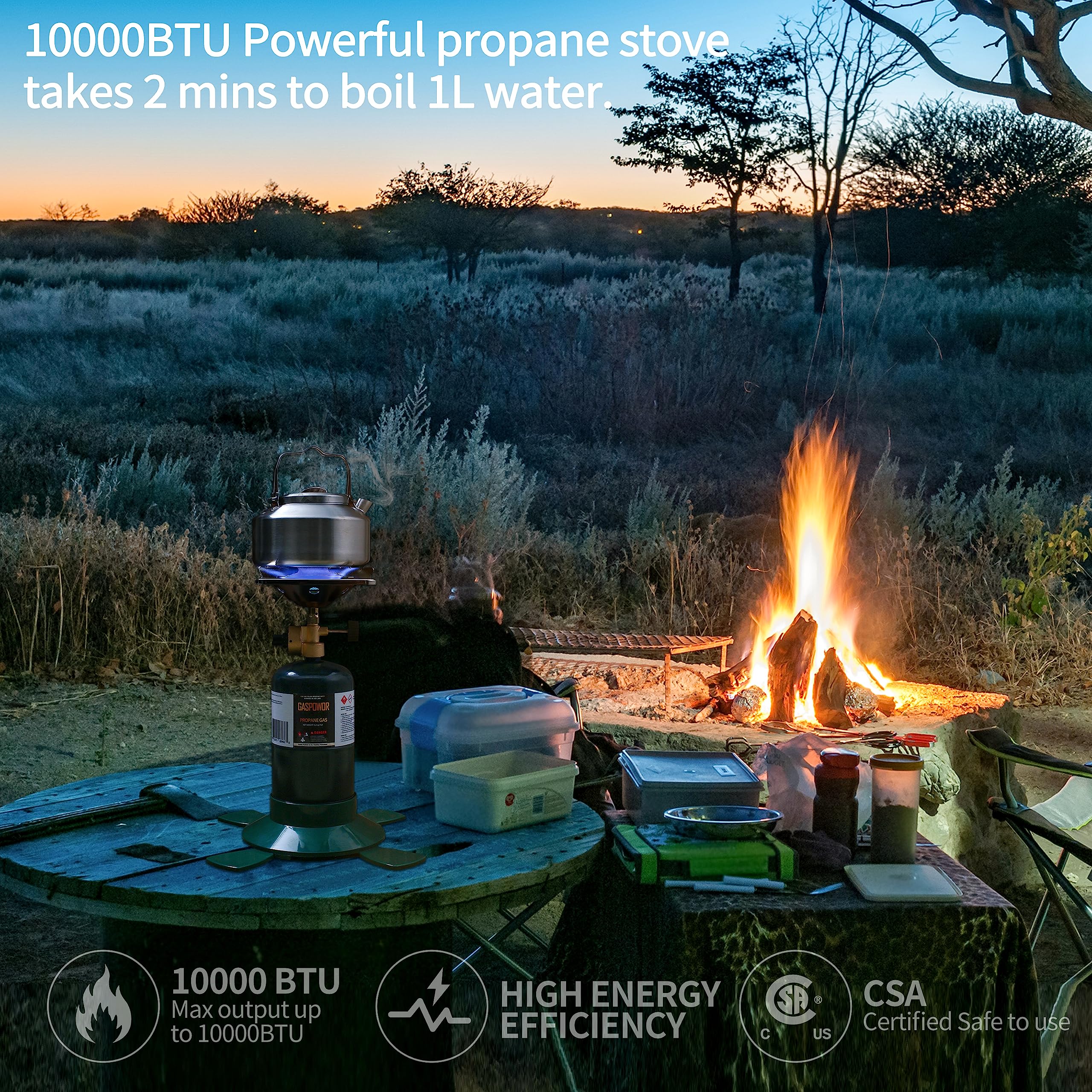 GASPOWOR propane stove with windscreen improves fuel efficiency in breezy conditions.