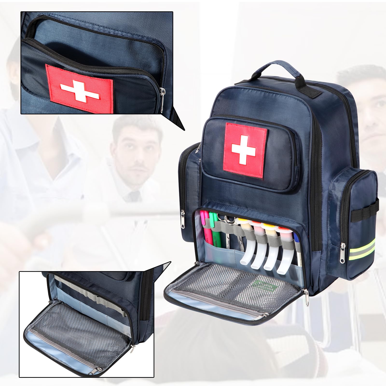 gatyclallaty first-aid backpack reflective-strips, low-light safety, increasing visibility for responders.