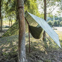 Gavigain camo bushcraft tarp foldable design stores compactly after use.