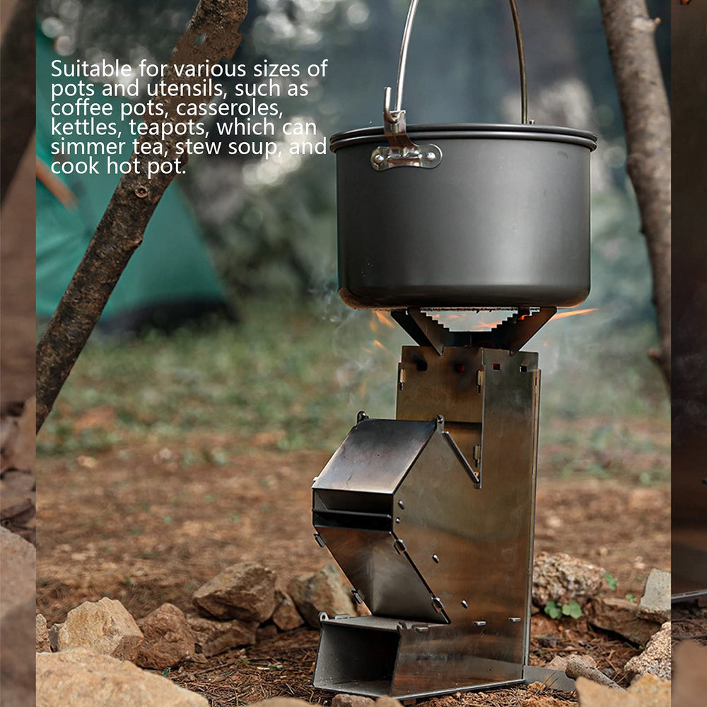 Gavigain portable wood-burning rocket stove supports compact campsite cooking setups.