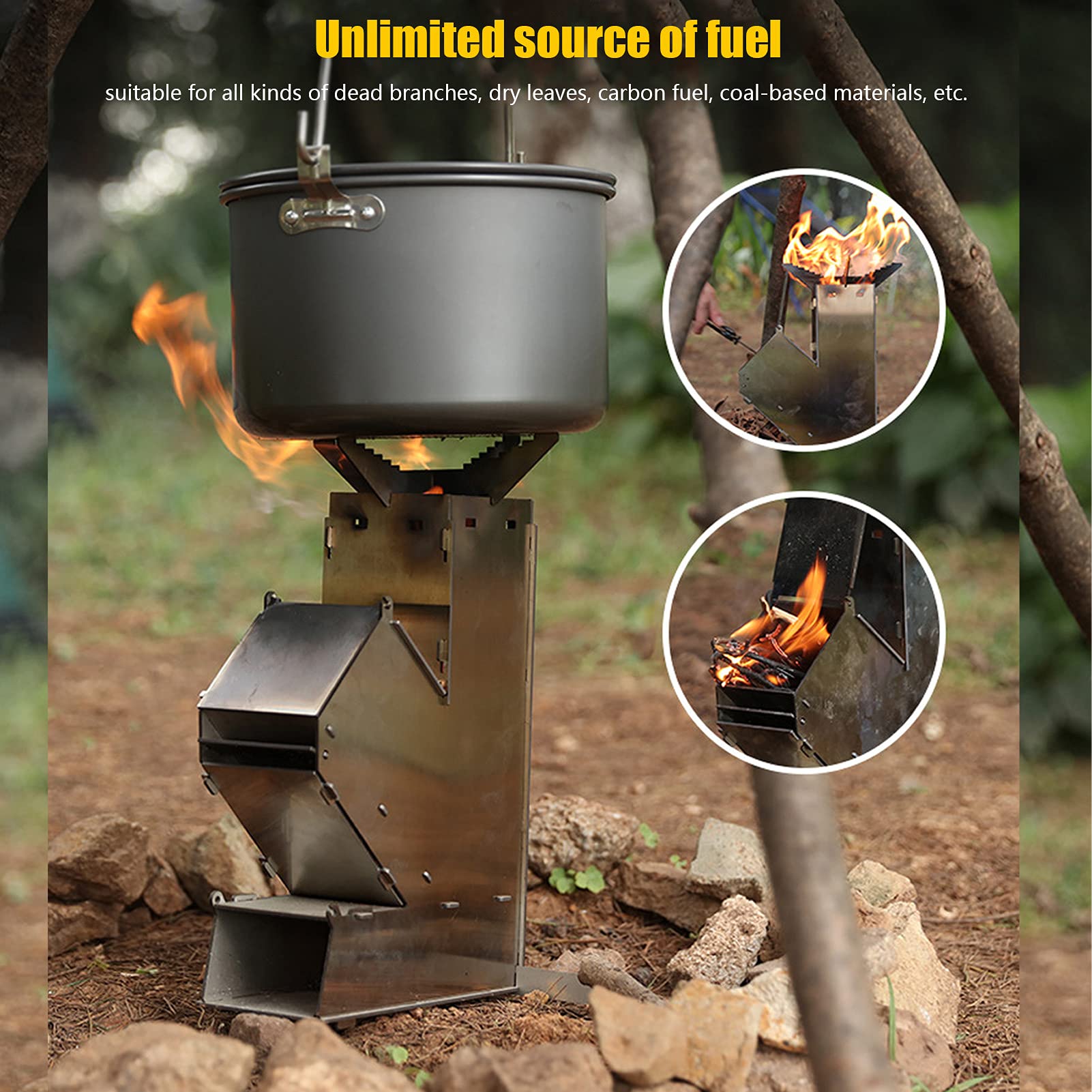 Gavigain detachable rocket stove packs small for easy travel and backpacking.