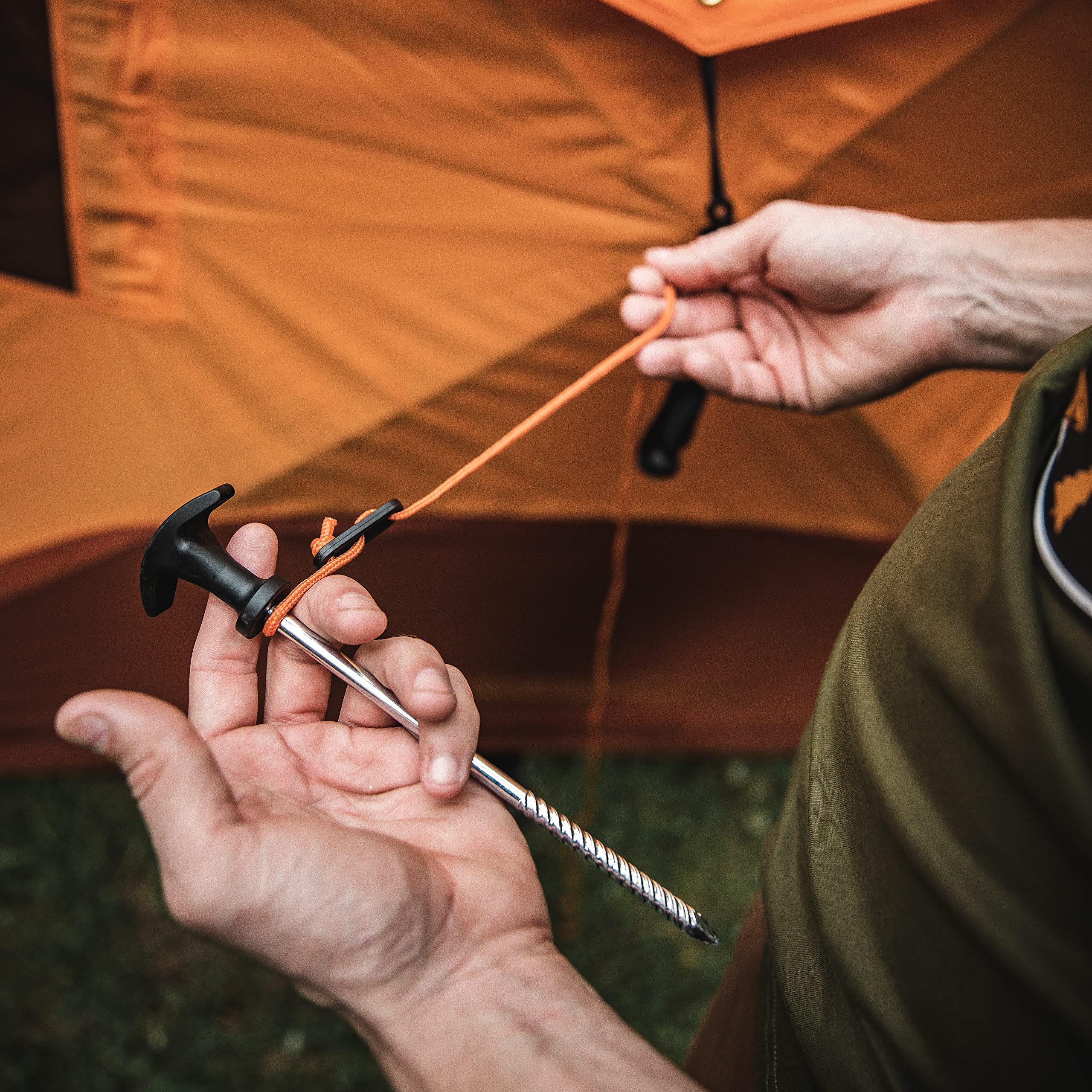 Gazelle Tents stake set with molded handle for easy removal and tie-off.