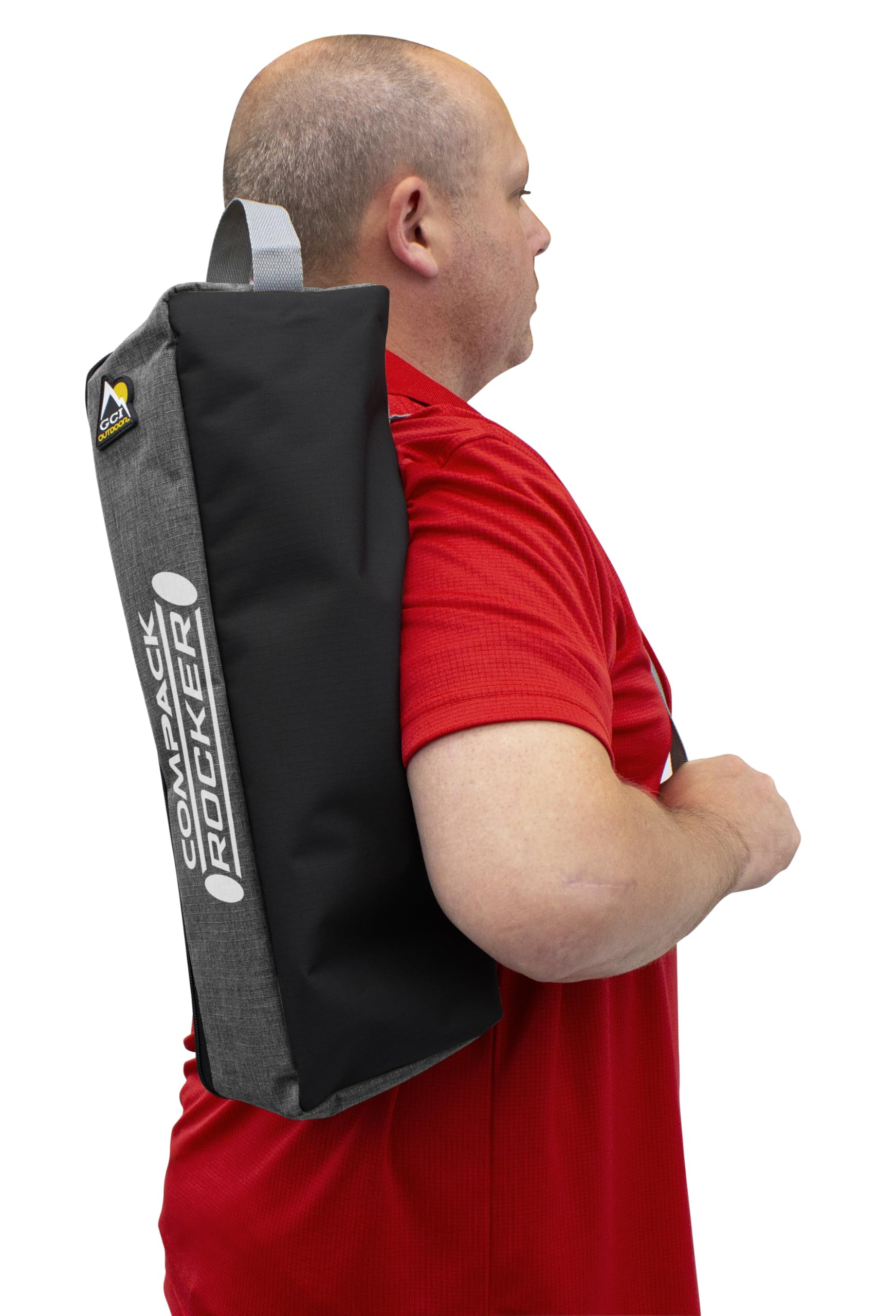 GCI Outdoor Compack Rocker easily slung over the shoulder for transport.