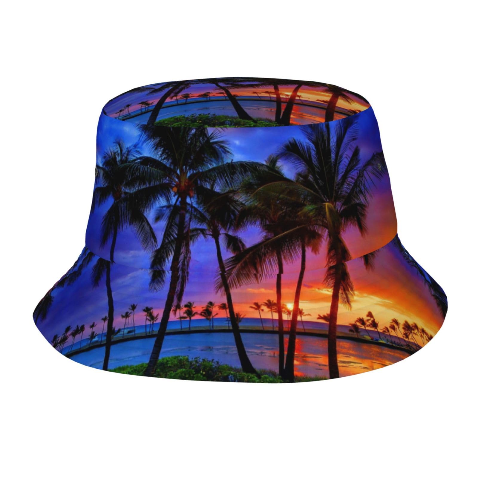 GDUUASB Tropical Sunset Palm Trees Bucket Hat front view for sunny beach days.