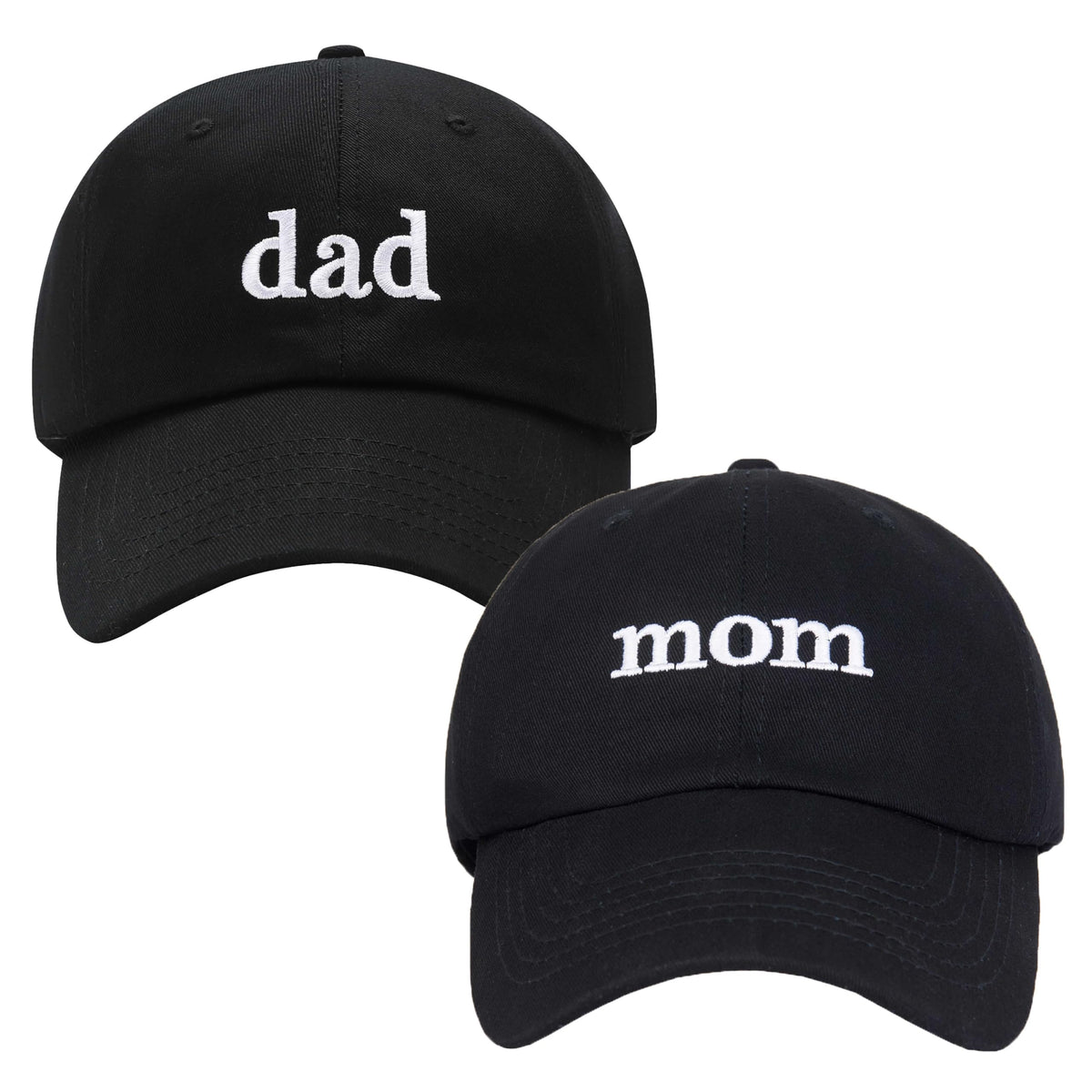 GEANBAYE Mom Dad Hat with white embroidery on black fabric – front view