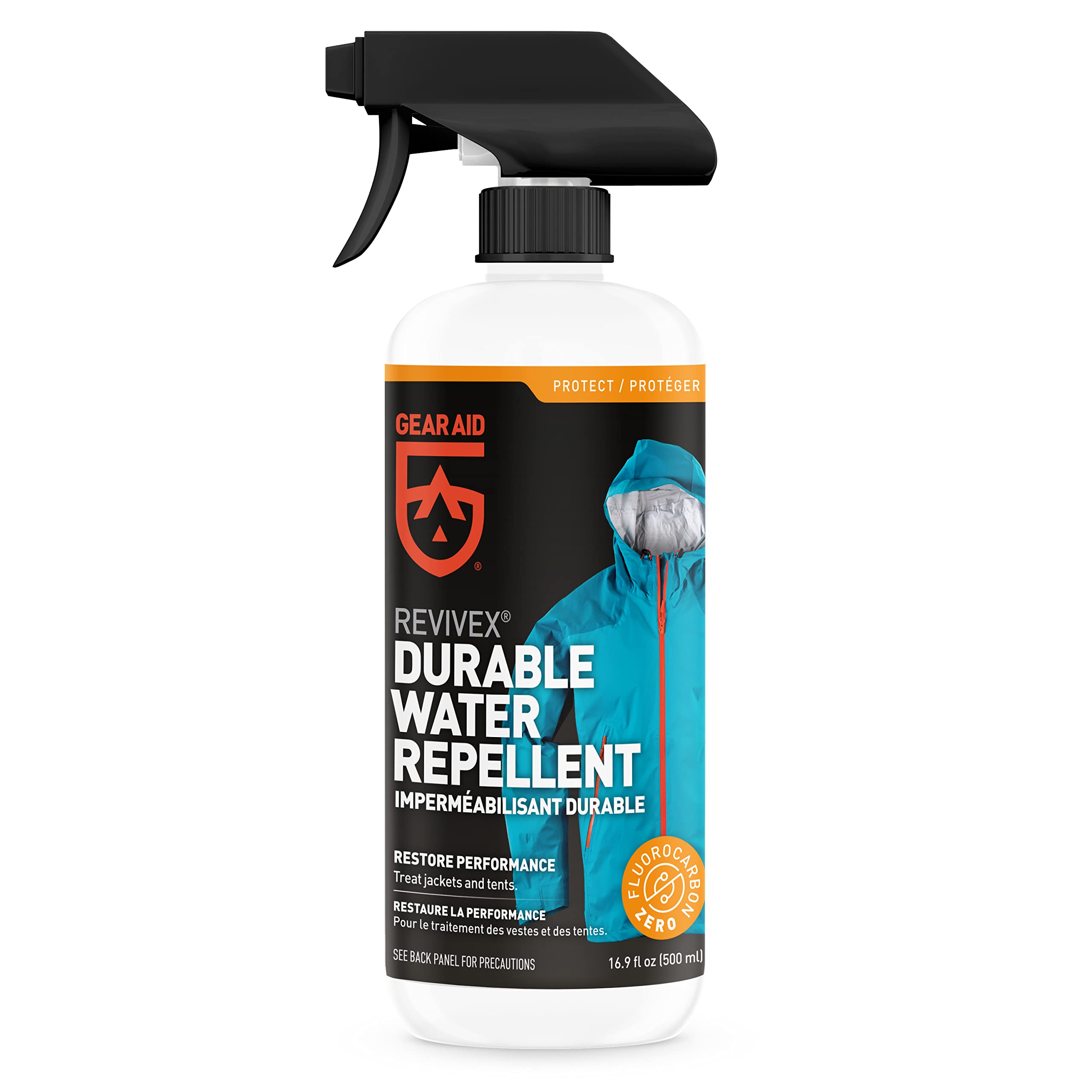 GEAR AID Revivex DWR spray being applied to outerwear