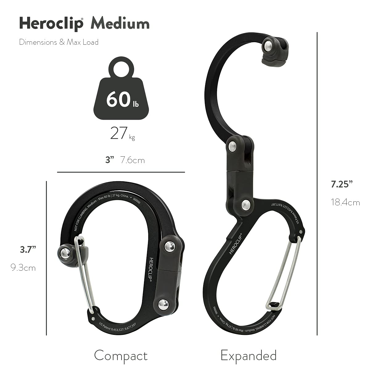GEAR AID HEROCLIP Medium shows wide gate clearance for bulky items.