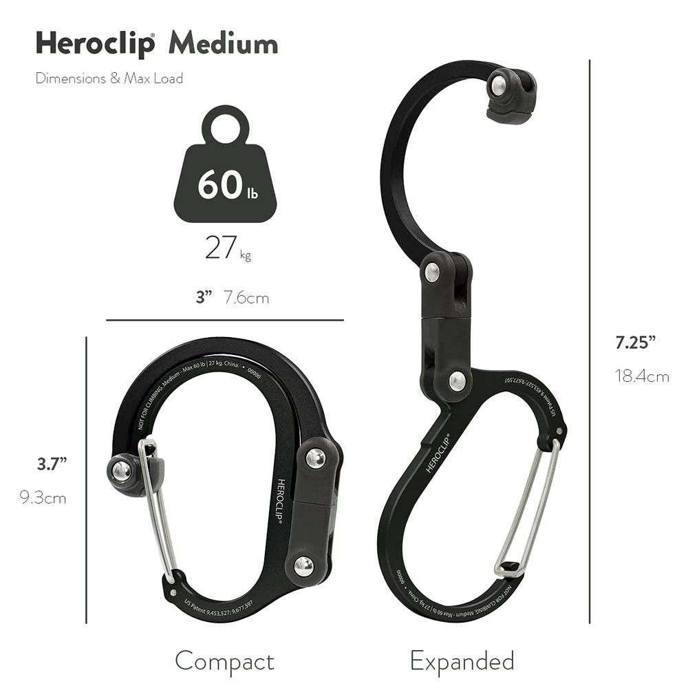 GEAR AID HEROCLIP Medium shows wide gate clearance for bulky items.