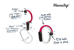 Gear Aid HeroClip Medium holds a purse on a table with rubber-tip grip.