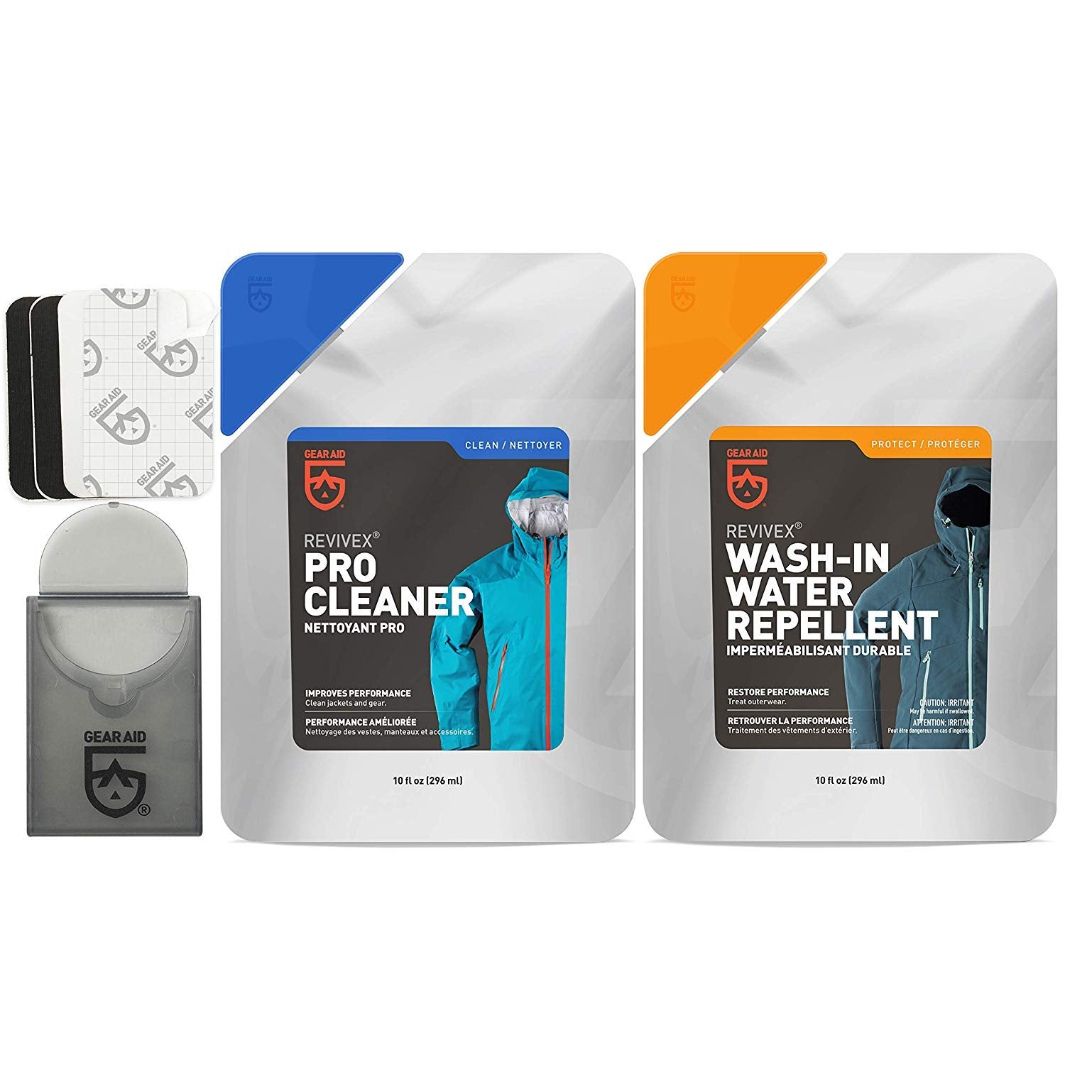 Gear Aid Outerwear Care Kit with Pro Cleaner and Wash-In for restoring breathability and water repellency.
