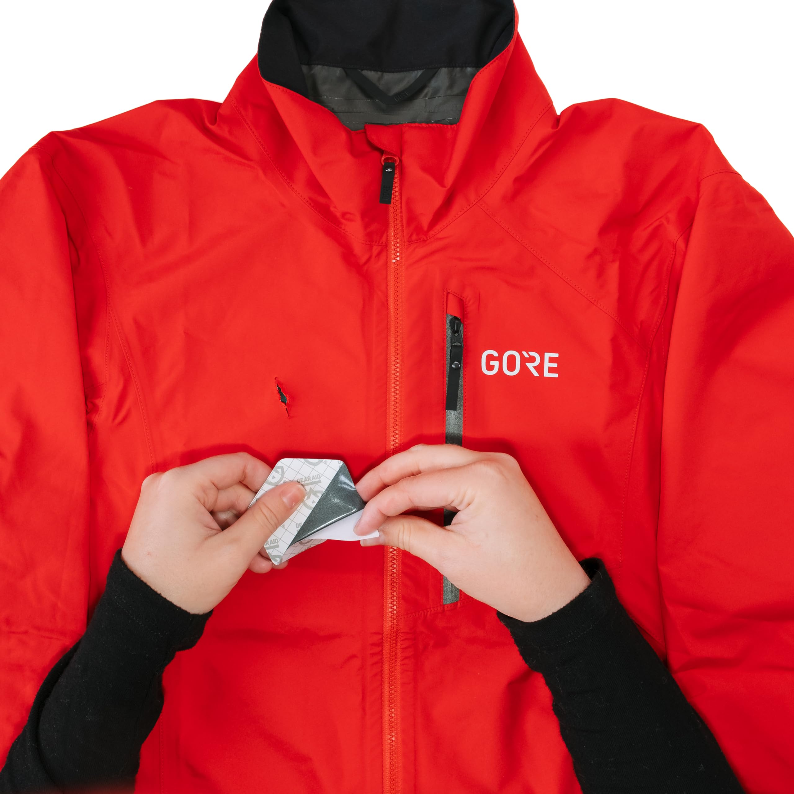 GEAR AID adhesive-backed patch sticks quickly with no sewing.