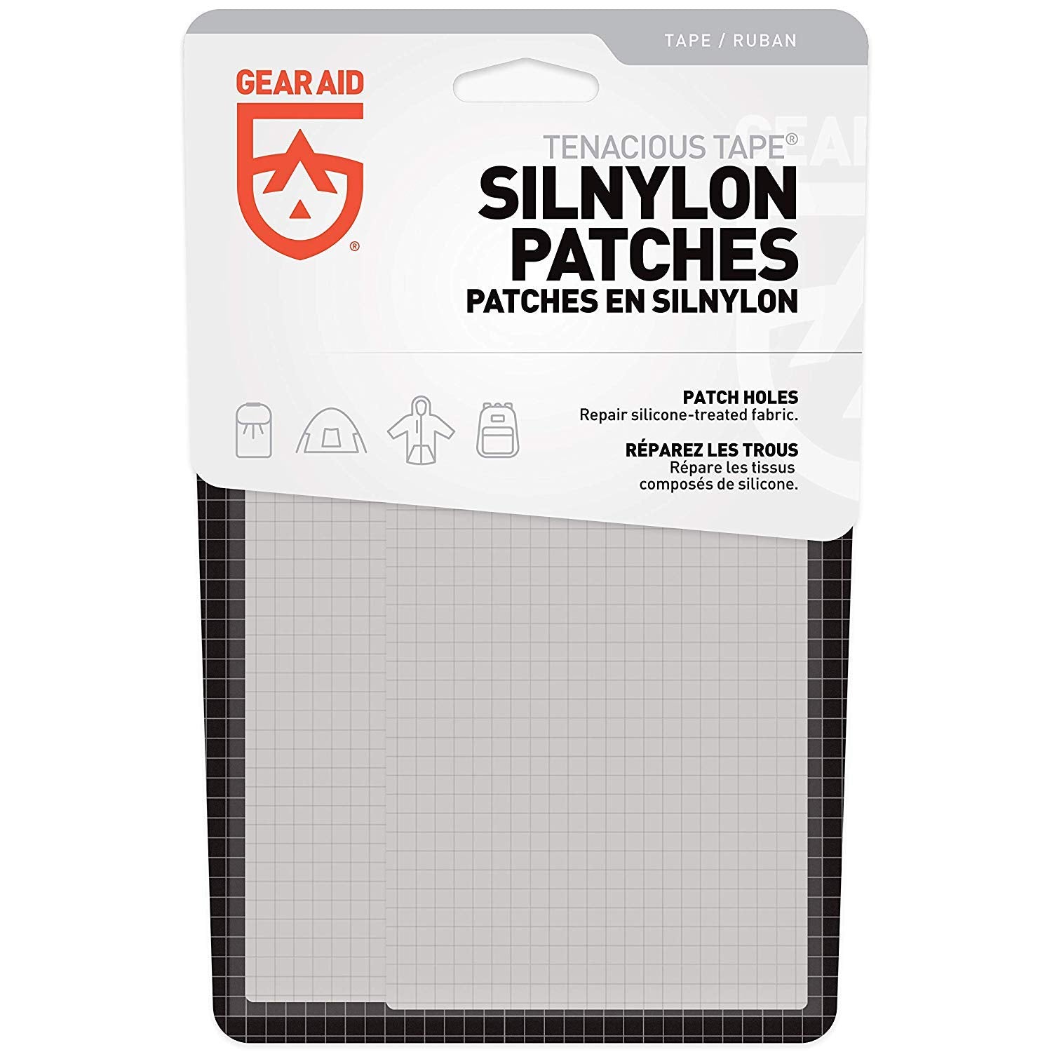 GEAR AID Tenacious Tape patch on silnylon tent for quick permanent repair