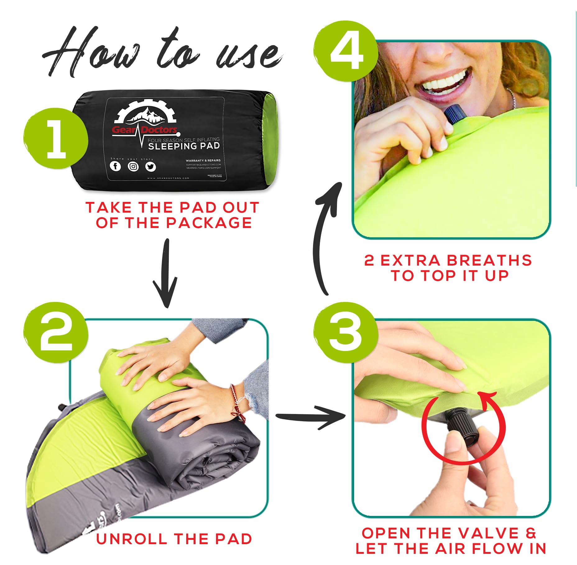 Gear Doctors self-inflating sleeping pad outdoor use on tent floor for durable sleep.