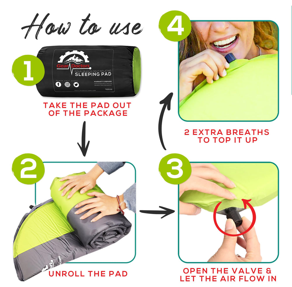 Gear Doctors self-inflating sleeping pad outdoor use on tent floor for durable sleep.